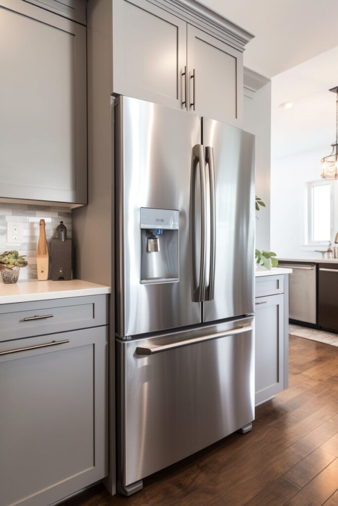 A kitchen with a clean stainless steel refrigerator.